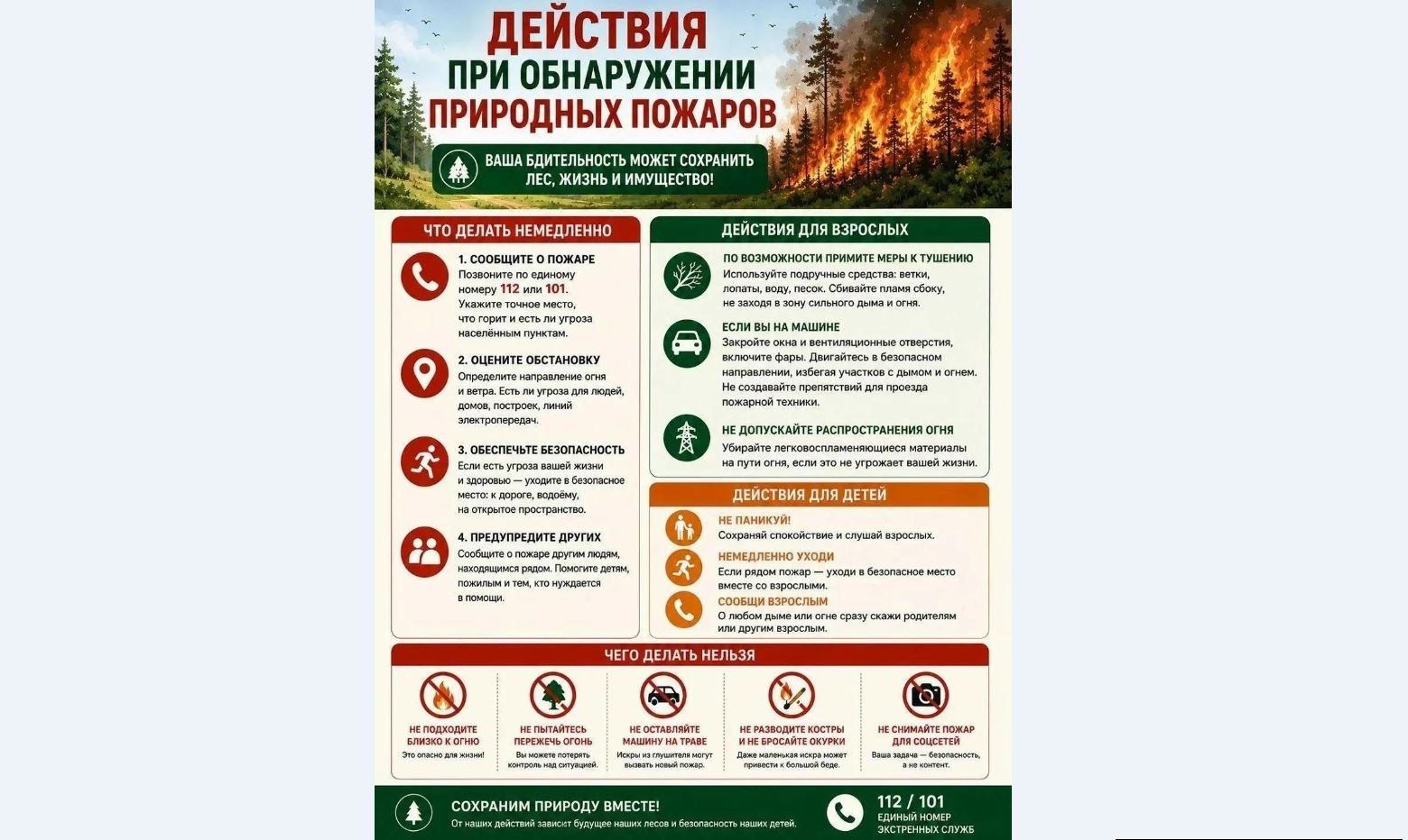 Действия при обнаружении природного пожара